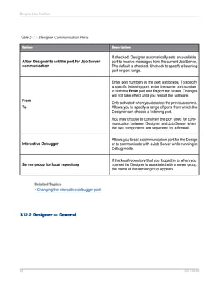 Designer User Interface

Table 3-11: Designer Communication Ports
Option

Description

Allow Designer to set the port for Job Server
communication

If checked, Designer automatically sets an available
port to receive messages from the current Job Server.
The default is checked. Uncheck to specify a listening
port or port range.
Enter port numbers in the port text boxes. To specify
a specific listening port, enter the same port number
in both the From port and To port text boxes. Changes
will not take effect until you restart the software.

From

Only activated when you deselect the previous control.
Allows you to specify a range of ports from which the
Designer can choose a listening port.

To

You may choose to constrain the port used for communication between Designer and Job Server when
the two components are separated by a firewall.

Interactive Debugger

Allows you to set a communication port for the Design
er to communicate with a Job Server while running in
Debug mode.

Server group for local repository

If the local repository that you logged in to when you
opened the Designer is associated with a server group,
the name of the server group appears.

Related Topics
• Changing the interactive debugger port

3.12.2 Designer — General

62

2011-06-09

 