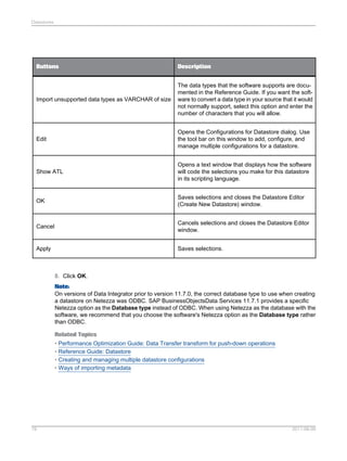Datastores

Buttons

Description

Import unsupported data types as VARCHAR of size

The data types that the software supports are documented in the Reference Guide. If you want the software to convert a data type in your source that it would
not normally support, select this option and enter the
number of characters that you will allow.

Edit

Opens the Configurations for Datastore dialog. Use
the tool bar on this window to add, configure, and
manage multiple configurations for a datastore.

Show ATL

Opens a text window that displays how the software
will code the selections you make for this datastore
in its scripting language.

OK

Saves selections and closes the Datastore Editor
(Create New Datastore) window.

Cancel

Cancels selections and closes the Datastore Editor
window.

Apply

Saves selections.

8. Click OK.
Note:
On versions of Data Integrator prior to version 11.7.0, the correct database type to use when creating
a datastore on Netezza was ODBC. SAP BusinessObjectsData Services 11.7.1 provides a specific
Netezza option as the Database type instead of ODBC. When using Netezza as the database with the
software, we recommend that you choose the software's Netezza option as the Database type rather
than ODBC.
Related Topics
• Performance Optimization Guide: Data Transfer transform for push-down operations
• Reference Guide: Datastore
• Creating and managing multiple datastore configurations
• Ways of importing metadata

79

2011-06-09

 