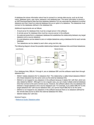 Datastores

A database link stores information about how to connect to a remote data source, such as its host
name, database name, user name, password, and database type. The same information is stored in
an SAP BusinessObjects Data Services database datastore.You can associate the datastore to another
datastore and then import an external database link as an option of a datastore. The datastores must
connect to the databases defined in the database link.
Additional requirements are as follows:
•
•
•
•
•

A local server for database links must be a target server in the software
A remote server for database links must be a source server in the software
An external (exists first in a database) database link establishes the relationship between any target
datastore and a source datastore
A Local datastore can be related to zero or multiple datastores using a database link for each remote
database
Two datastores can be related to each other using one link only

The following diagram shows the possible relationships between database links and linked datastores:

Four database links, DBLink 1 through 4, are on database DB1 and the software reads them through
datastore Ds1.
•
•

•
•

Dblink1 relates datastore Ds1 to datastore Ds2. This relationship is called linked datastore Dblink1
(the linked datastore has the same name as the external database link).
Dblink2 is not mapped to any datastore in the software because it relates Ds1 with Ds2, which are
also related by Dblink1. Although it is not a regular case, you can create multiple external database
links that connect to the same remote source. However, the software allows only one database link
between a target datastore and a source datastore pair. For example, if you select DBLink1 to link
target datastore DS1 with source datastore DS2, you cannot import DBLink2 to do the same.
Dblink3 is not mapped to any datastore in the software because there is no datastore defined for
the remote data source to which the external database link refers.
Dblink4 relates Ds1 with Ds3.

Related Topics
• Reference Guide: Datastore editor

98

2011-06-09

 