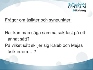 Frågor om åsikter och synpunkter:
Har kan man säga samma sak fast på ett
annat sätt?
På vilket sätt skiljer sig Kaleb och Mejas
åsikter om… ?
 