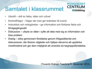 Samtalet i klassrummet
• Utantill – drill av fakta, idéer och rutiner
• Kontrollfrågor – frågor där man ger ledtrådar till svaret
• Instruktion och redogörelse – ge information och förklarar fakta och
tillvägagångssätt
• Diskussion – utbyte av idéer i syfte att dela med sig av information och
lösa problem
• Dialog – söka gemensam förståelse genom ifrågasättande och
diskussioner, där läraren vägleder och hjälper eleverna att upptäcka
missförstånd och ger dem möjlighet att utveckla sin begreppsförståelse.
(Towards Dialogic Teaching R. Alexander 2014)
 