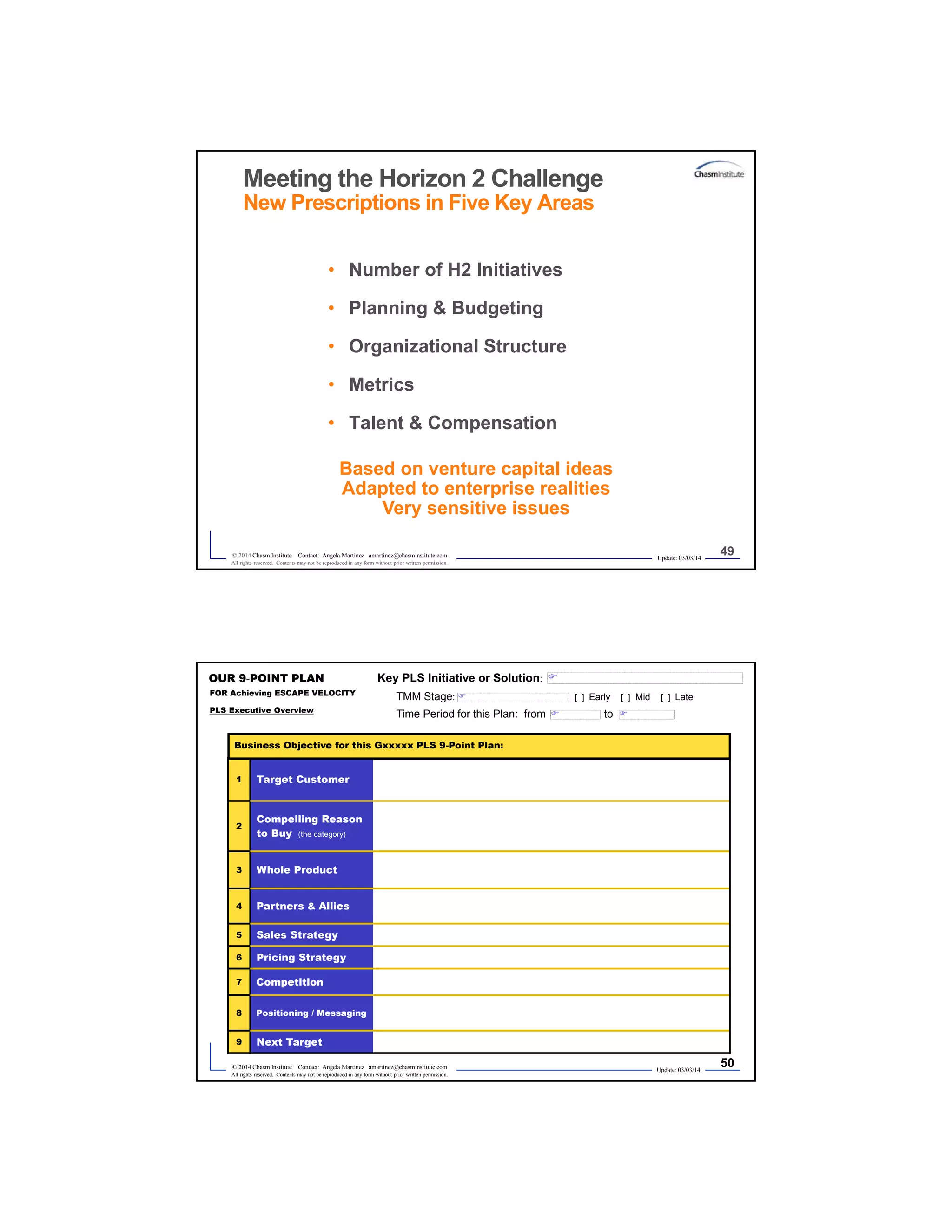 Update: 03/03/14
49© 2014 Chasm Institute Contact: Angela Martinez amartinez@chasminstitute.com
All rights reserved. Contents may not be reproduced in any form without prior written permission.
Meeting the Horizon 2 Challenge
New Prescriptions in Five Key Areas
• Number of H2 Initiatives
• Planning & Budgeting
• Organizational Structure
• Metrics
• Talent & Compensation
Based on venture capital ideas
Adapted to enterprise realities
Very sensitive issues
OUR 9-POINT PLAN
FOR Achieving ESCAPE VELOCITY
PLS Executive Overview
1 Target Customer
2
Compelling Reason
to Buy (the category)
3 Whole Product
4 Partners & Allies
5 Sales Strategy
6 Pricing Strategy
7 Competition
8 Positioning / Messaging
9 Next Target
Business Objective for this Gxxxxx PLS 9-Point Plan:
50

Key PLS Initiative or Solution:
TMM Stage: [ ] Early [ ] Mid [ ] Late
Time Period for this Plan: from to
Update: 03/03/14© 2014 Chasm Institute Contact: Angela Martinez amartinez@chasminstitute.com
All rights reserved. Contents may not be reproduced in any form without prior written permission.




 