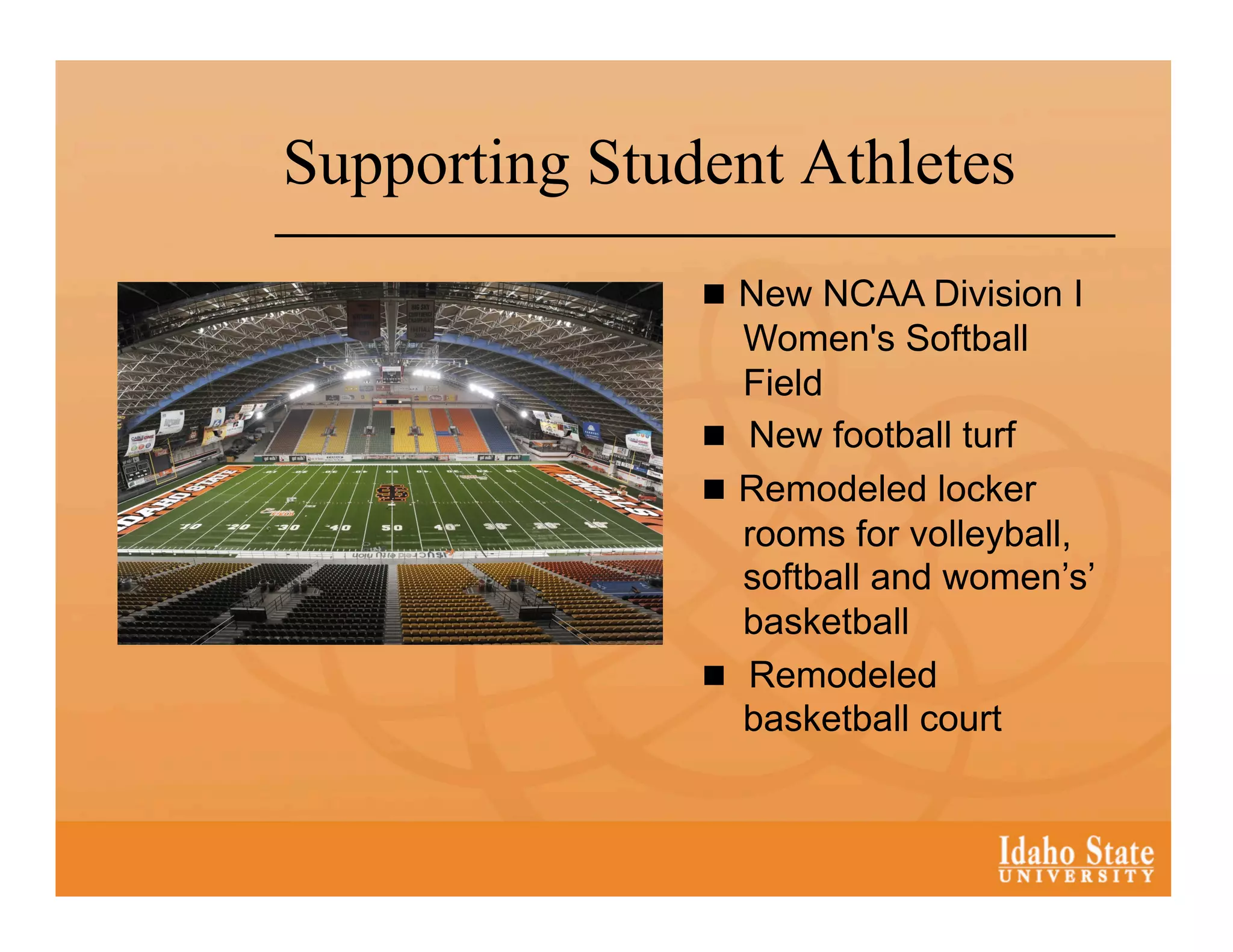 Supporting Student Athletes
                 New NCAA Division I
                  Women's Softball
                  Field
                 New football turf
                 Remodeled locker
                  rooms for volleyball,
                  softball and women’s’
                  basketball
                 Remodeled
                  basketball court
 