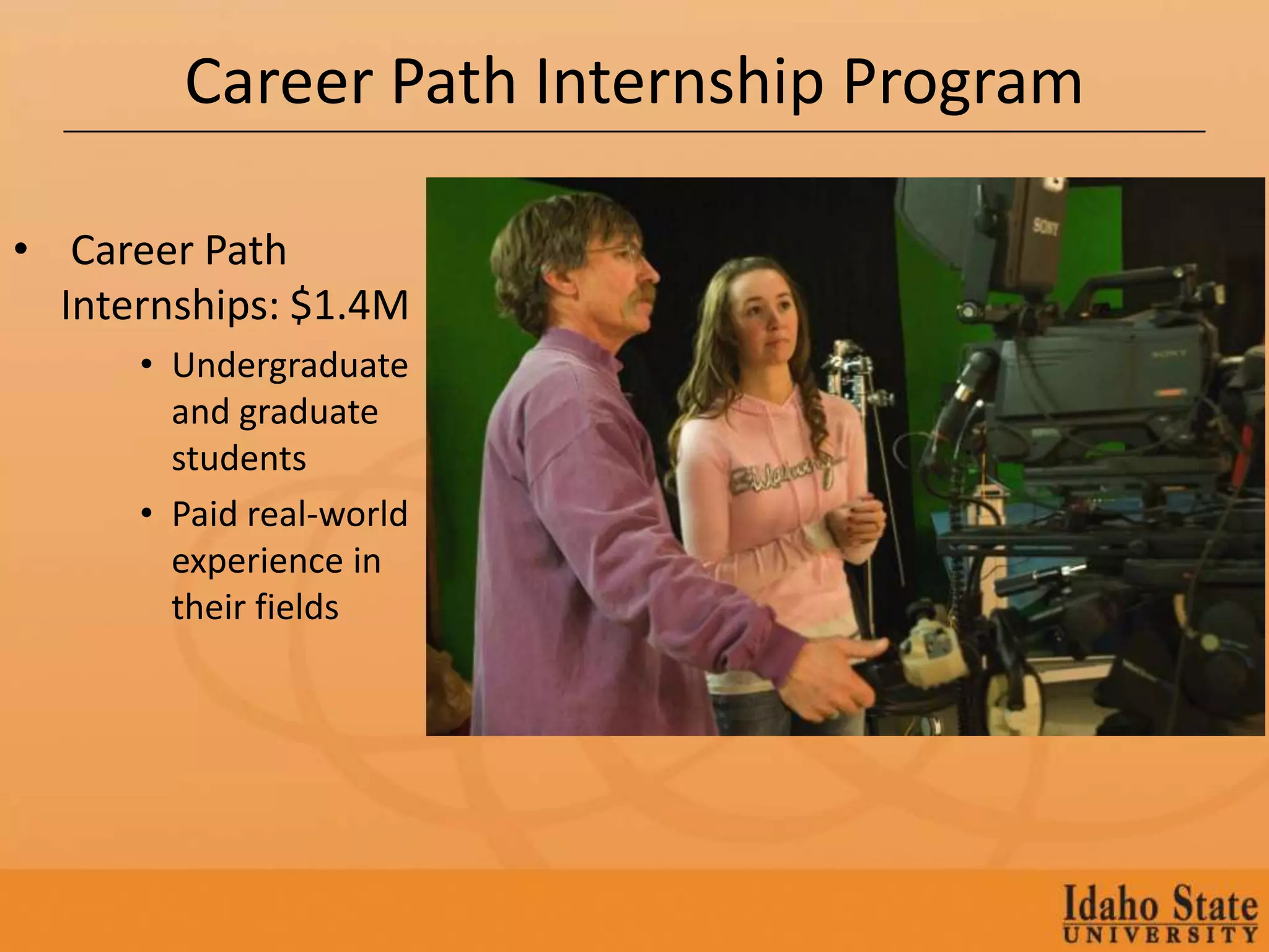 Career Path Internship Program

• Career Path
  Internships: $1.4M
      • Undergraduate
        and graduate
        students
      • Paid real-world
        experience in
        their fields
 
