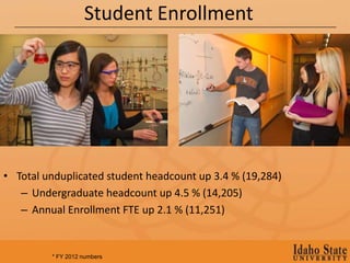 Student Enrollment




• Total unduplicated student headcount up 3.4 % (19,284)
   – Undergraduate headcount up 4.5 % (14,205)
   – Annual Enrollment FTE up 2.1 % (11,251)


         * FY 2012 numbers
 