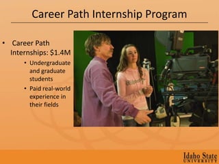 Career Path Internship Program

• Career Path
  Internships: $1.4M
      • Undergraduate
        and graduate
        students
      • Paid real-world
        experience in
        their fields
 