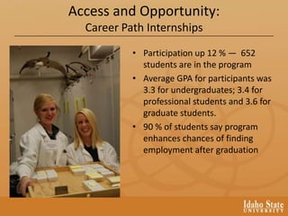 Access and Opportunity:
Career Path Internships
• Participation up 12 % — 652
students are in the program
• Average GPA for participants was
3.3 for undergraduates; 3.4 for
professional students and 3.6 for
graduate students.
• 90 % of students say program
enhances chances of finding
employment after graduation
 