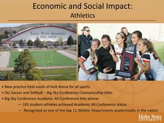 Economic and Social Impact:
Athletics
• New practice field south of Holt Arena for all sports
• ISU Soccer and Softball – Big Sky Conference Championship titles
• Big Sky Conference Academic All-Conference title winner
— 183 student-athletes achieved Academic All-Conference status
— Recognized as one of the top 11 Athletic Departments academically in the nation
 