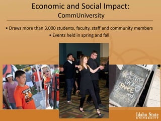 Economic and Social Impact:
CommUniversity
• Draws more than 3,000 students, faculty, staff and community members
• Events held in spring and fall
 