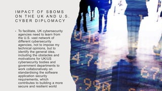 I M P A C T O F S B O M S
O N T H E U K A N D U . S .
C Y B E R D I P L O M A C Y
• To facilitate, UK cybersecurity
agencies need to learn from
the U.S. vast network of
different cybersecurity
agencies, not to impose my
technical opinions, but to
identify the general idea,
including the obstacles and
motivations for UK/US
cybersecurity bodies and
government departments to
work collaboratively on
standardising the software
application security
requirements, which
contributes to building a more
secure and resilient world
 