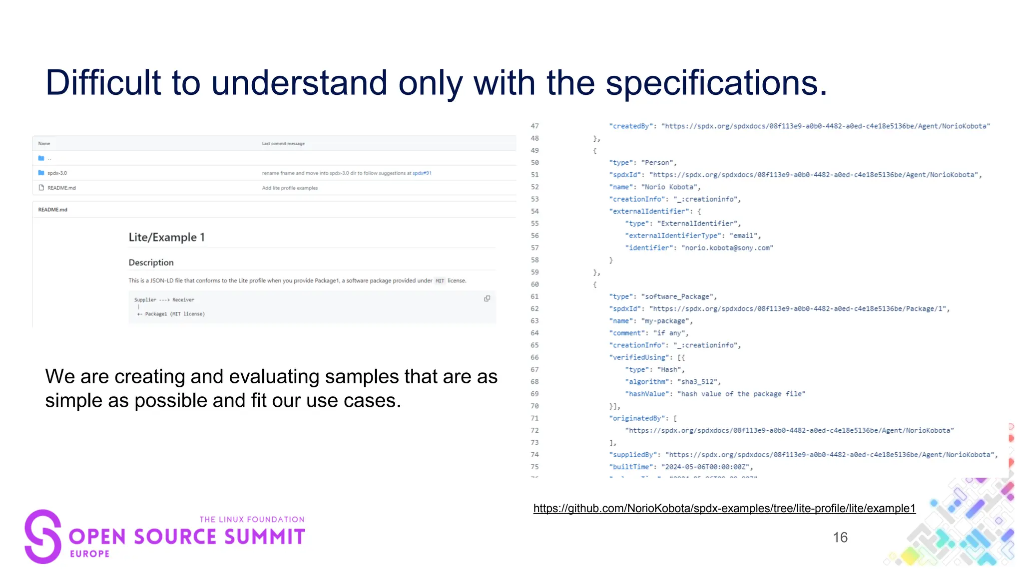Difficult to understand only with the specifications.
https://github.com/NorioKobota/spdx-examples/tree/lite-profile/lite/example1
We are creating and evaluating samples that are as
simple as possible and fit our use cases.
16
 