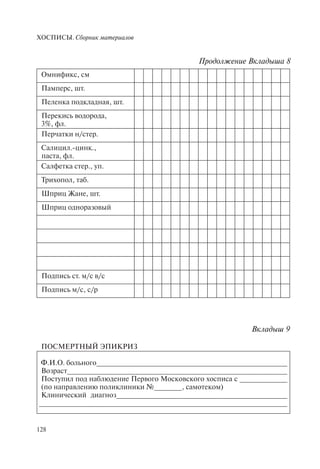 ХОСПИСЫ. Сборник материалов
128
Омнификс, см
Памперс, шт.
Пеленка подкладная, шт.
Перекись водорода,
3%, фл.
Перчатки н/стер.
Салицил.-цинк.,
паста, фл.
Салфетка стер., уп.
Трихопол, таб.
Шприц Жане, шт.
Шприц одноразовый
Подпись ст. м/с в/с
Подпись м/с, с/р
Вкладыш 9
ПОСМЕРТНЫЙ ЭПИКРИЗ
Ф.И.О. больного________________________________________________
Возраст_______________________________________________________
Поступил под наблюдение Первого Московского хосписа с ____________
(по направлению поликлиники №_______, самотеком)
Клинический диагноз___________________________________________
_____________________________________________________________
Продолжение Вкладыша 8
 