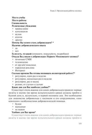 Глава 2. Организация работы хосписа
153
Место учебы
Место работы
Специальность
Религиозные убеждения
православие•
католицизм•
ислам•
атеизм•
другое:•
Почему Вы хотите стать добровольцем? *
Наличие добровольческого опыта
да•
нет•
Если есть, то какой (опишите, пожалуйста, подробнее)
Откуда Вы узнали о добровольцах Первого Московского хосписа?
печатные СМИ•
телевидение•
от друзей/знакомых•
наружная реклама•
Интернет•
Сколько времени Вы готовы посвящать волонтерской работе?*
регулярно, один раз в неделю•
регулярно, несколько раз в неделю•
регулярно, раз в месяц•
разово, от случая к случаю•
Какие дни для Вас наиболее удобны?*
Существует очень важное для самих добровольцев правило: первые
визиты в хоспис (во время испытательного срока) должны пройти в
будний день и, желательно, в первой половине дня. Это необходимо
для знакомства добровольца с хосписом и его сотрудниками, озна-
комления с особенностями добровольческой помощи.
будни•
выходные•
не важно•
Удобное для Вас время*
Существует очень важное для самих добровольцев правило: первые
визиты в хоспис (во время испытательного срока) должны пройти в
 