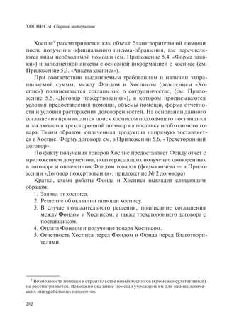 ХОСПИСЫ. Сборник материалов
282
Хоспис1
рассматривается как объект благотворительной помощи
после получения официального письма-обращения, где перечисля-
ются виды необходимой помощи (см. Приложение 5.4. «Форма заяв-
ки») и заполненной анкеты с основной информацией о хосписе (см.
Приложение 5.3. «Анкета хосписа»).
При соответствии выдвигаемым требованиям и наличии запра-
шиваемой суммы, между Фондом и Хосписом (отделением «Хо-
спис») подписывается соглашение о сотрудничестве, (см. Прило-
жение 5.5. «Договор пожертвования»), в котором прописываются
условия предоставления помощи, объемы помощи, форма отчетно-
сти и условия расторжения договоренностей. На основании данного
соглашения производится поиск хосписом подходящего поставщика
и заключается трехсторонний договор на поставку необходимого то-
вара. Таким образом, оплаченная продукция напрямую поставляет-
ся в Хоспис. Форму договора см. в Приложении 5.6. «Трехсторонний
договор».
По факту получения товаров Хоспис предоставляет Фонду отчет с
приложением документов, подтверждающих получение оговоренных
в договоре и оплаченных Фондом товаров (форма отчета — в Прило-
жении «Договор пожертвования», приложение № 2 договора)
Кратко, схема работы Фонда и Хосписа выглядит следующим
образом:
Заявка от хосписа.1.
Решение об оказании помощи хоспису.2.
В случае положительного решения, подписание соглашения3.
между Фондом и Хосписом, а также трехстороннего договора с
поставщиком.
Оплата Фондом и получение товара Хосписом.4.
Отчетность Хосписа перед Фондом и Фонда перед Благотвори-5.
телями.
1
Возможность помощи в строительстве новых хосписов (кроме консультативной)
не рассматривается. Возможно оказание помощи учреждениям для неонкологиче-
ских инкурабельных пациентов.
 