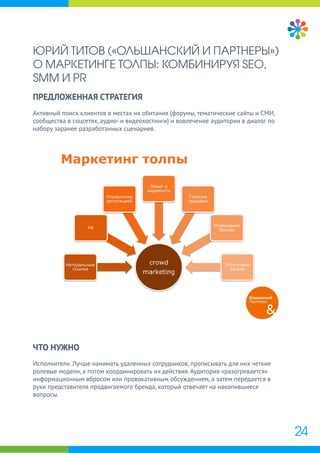 ЮРИЙ ТИТОВ («ОЛЬШАНСКИЙ И ПАРТНЕРЫ»)
О МАРКЕТИНГЕ ТОЛПЫ: КОМБИНИРУЯ SEO,
SMM И PR
ПРЕДЛОЖЕННАЯ СТРАТЕГИЯ
Активный поиск клиентов в местах их обитания (форумы, тематические сайты и СМИ,
сообщества в соцсетях, аудио- и видеохостинги) и вовлечение аудитории в диалог по
набору заранее разработанных сценариев.
ЧТО НУЖНО
Исполнители. Лучше нанимать удаленных сотрудников, прописывать для них четкие
ролевые модели, а потом координировать их действия. Аудитория «разогревается»
информационным вбросом или провокативным обсуждением, а затем передается в
руки представителя продвигаемого бренда, который отвечает на накопившиеся
вопросы.
24
 
