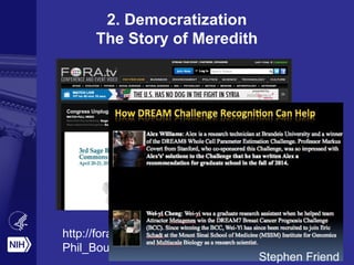 2. Democratization
The Story of Meredith
http://fora.tv/2012/04/20/Congress_Unplugged_
Phil_Bourne
Stephen Friend
 