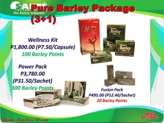 Wellness Kit
   P1,800.00 (P7.50/Capsule)
       100 Barley Points

     Power Pack
      P3,780.00
   (P31.50/Sachet)
   300 Barley Points                 Fusion Pack
                               P495.00 (P12.40/Sachet)
                                  20 Barley Points



Santè Replica Group
 