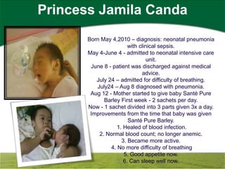 Princess Jamila Canda
       Born May 4,2010 – diagnosis: neonatal pneumonia
                        with clinical sepsis.
       May 4-June 4 - admitted to neonatal intensive care
                                 unit.
        June 8 - patient was discharged against medical
                              advice.
          July 24 – admitted for difficulty of breathing.
          July24 – Aug 8 diagnosed with pneumonia.
        Aug 12 - Mother started to give baby Santé Pure
             Barley First week - 2 sachets per day.
       Now - 1 sachet divided into 3 parts given 3x a day.
        Improvements from the time that baby was given
                        Santé Pure Barley.
                   1. Healed of blood infection.
           2. Normal blood count; no longer anemic.
                     3. Became more active.
                4. No more difficulty of breathing
                      5. Good appetite now.
                      6. Can sleep well now.
 
