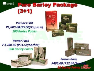 SANTÉ
 I N T E R N A T I O N A L




         Wellness Kit
   P1,800.00 (P7.50/Capsule)
       100 Barley Points

       Power Pack
P3,780.00 (P31.50/Sachet)
    300 Barley Points

                                     Fusion Pack
                               P495.00 (P12.40/Sachet)
                                  20 Barley Points
 