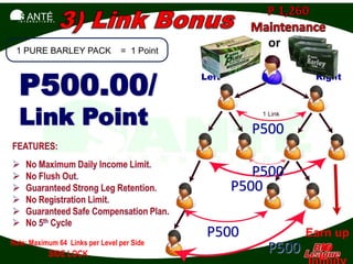 SANTÉ
  I N T E R N A T I O N A L




 1 PURE BARLEY PACK               = 1 Point
                                                           or


  P500.00/
                                              Left                 Right




  Link Point                                             1 Link

                                                       P500

                                                        P500
                                                     P500

                                               P500               Earn up
Note: Maximum 64 Links per Level per Side
                      SIDE LOCK                           P500      to
 
