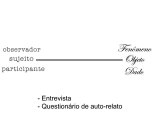 - Entrevista
- Questionário de auto-relato
 