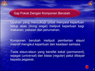 Upahan yang mencukupi untuk menyara keperluan hidup asas ( living wage ) meliputi keperluan bagi makanan, pakaian dan perumahan. Komponen berubah meliputi pemberian elaun/ insentif mengikut keperluan dan keadaan semasa. Tiada elaun-elaun yang bersifat kekal ( permanent ), sejagat ( universal ) dan biasa ( regular ) patut dibayar kepada pegawai.  Gaji Pokok Dengan Komponen Berubah 