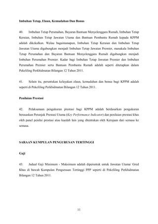 Imbuhan Tetap, Elaun, Kemudahan Dan Bonus


40.    Imbuhan Tetap Perumahan, Bayaran Bantuan Menyelenggara Rumah, Imbuhan Tetap
Keraian, Imbuhan Tetap Jawatan Utama dan Bantuan Pembantu Rumah kepada KPPM
adalah dikekalkan. Walau bagaimanapun, Imbuhan Tetap Keraian dan Imbuhan Tetap
Jawatan Utama digabungkan menjadi Imbuhan Tetap Jawatan Premier, manakala Imbuhan
Tetap Perumahan dan Bayaran Bantuan Menyelenggara Rumah digabungkan menjadi
Imbuhan Perumahan Premier. Kadar bagi Imbuhan Tetap Jawatan Premier dan Imbuhan
Perumahan Premier serta Bantuan Pembantu Rumah adalah seperti ditetapkan dalam
Pekeliling Perkhidmatan Bilangan 12 Tahun 2011.


41.    Selain itu, peruntukan kelayakan elaun, kemudahan dan bonus bagi KPPM adalah
seperti di Pekeliling Perkhidmatan Bilangan 12 Tahun 2011.


Penilaian Prestasi


42.    Pelaksanaan pengukuran prestasi bagi KPPM adalah berdasarkan pengukuran
berasaskan Petunjuk Prestasi Utama (Key Performance Indicator) dan penilaian prestasi khas
oleh panel penilai prestasi atau kaedah lain yang ditentukan oleh Kerajaan dari semasa ke
semasa.




SARAAN KUMPULAN PENGURUSAN TERTINGGI


Gaji


43.    Jadual Gaji Minimum - Maksimum adalah diperuntuk untuk Jawatan Utama/ Gred
Khas di bawah Kumpulan Pengurusan Tertinggi PPP seperti di Pekeliling Perkhidmatan
Bilangan 12 Tahun 2011.




                                           11
 