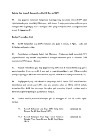 Prinsip Dan Kaedah Pemindahan Gaji Di Bawah SBPA


44.    Gaji pegawai Kumpulan Pengurusan Tertinggi yang menerima opsyen SBPA akan
dipindahkan kepada Jadual Gaji Minimum - Maksimum. Prinsip pemindahan adalah daripada
matagaji akhir di gred gaji asal ke matagaji SBPA yang ditetapkan dalam jadual pemindahan
seperti di Lampiran C1.


Tarikh Pergerakan Gaji


45.    Tarikh Pergerakan Gaji (TPG) tahunan iaitu pada 1 Januari, 1 April, 1 Julai dan
1 Oktober adalah dikekalkan.


46.    Pemindahan gaji kepada Jadual Gaji Minimum - Maksimum tidak mengubah TPG
pegawai kecuali bagi mereka yang berada di matagaji maksimum pada 31 Disember 2011
akan diubah TPG kepada 1 Januari.


47.    Kaedah pemindahan gaji bagi pegawai yang TPG pada 1 Januari termasuk pegawai
yang dinyatakan di perenggan 46 di atas, gaji pegawai dipindahkan ke gaji SBPA mengikut
prinsip di perenggan 44 di atas dan kemudian pegawai diberi Kenaikan Gaji Tahunan (KGT).


48.    Bagi pegawai yang tarikh kenaikan pangkatnya pada 1 Januari 2012 hendaklah diberi
pemindahan gaji kepada gaji SBPA atas gred jawatan setara di SBPA terlebih dahulu,
kemudian diberi KGT dan seterusnya ditetapkan gaji permulaan di gred kenaikan pangkat
berdasarkan prinsip penetapan gaji kenaikan pangkat.


49.    Contoh kaedah pelarasan/penetapan gaji di perenggan 47 dan 48 adalah seperti
berikut:


       49.1   Kaedah Pelarasan Gaji Bagi TPG Yang Sama          -   Lampiran C2
              Dengan Tarikh Kuat Kuasa SBPA.

       49.2   Kaedah Penetapan Gaji Bagi Tarikh Kenaikan        -   Lampiran C3
              Pangkat Yang Sama Dengan Tarikh Kuat Kuasa
              SBPA.



                                            12
 