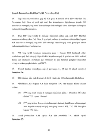 Kaedah Pemindahan Gaji Dan Tarikh Pergerakan Gaji

64.    Bagi maksud pemindahan gaji ke JGS pada 1 Januari 2012, PPP diberikan satu
Pergerakan Gaji Biasa di gred gaji asal dan kemudiannya dipindahkan kepada JGS
berdasarkan matagaji yang sama dan sekiranya tiada matagaji sama, penetapan adalah pada
matagaji tertinggi berhampiran.


65.        Bagi PPP yang berada di matagaji maksimum jadual gaji asal, PPP diberikan
kuantum satu Pergerakan Gaji Biasa di gred gaji asal dan kemudiannya dipindahkan kepada
JGS berdasarkan matagaji yang sama dan sekiranya tiada matagaji sama, penetapan adalah
pada matagaji tertinggi berhampiran.


66.    PPP yang tarikh kenaikan pangkatnya pada 1 Januari 2012 hendaklah diberi
pemindahan gaji dari matagaji di gred hakiki kepada matagaji di gred setara SBPA terlebih
dahulu dan seterusnya ditetapkan gaji permulaan di gred kenaikan pangkat berdasarkan
prinsip kenaikan pangkat di atas gaji SBPA.

67.        Contoh kaedah pemindahan gaji di perenggan 64, 65 dan 66 adalah seperti di
Lampiran C6.

68.    TPG tahunan iaitu pada 1 Januari, 1 April, 1 Julai dan 1 Oktober adalah dikekalkan.

69.    Pemindahan JGM kepada JGS tidak mengubah TPG PPP kecuali dalam keadaan
berikut:

       69.1     PPP yang telah berada di matagaji maksimum pada 31 Disember 2011 akan
                diubah TPG kepada 1 Januari.


       69.2     PPP yang terlibat dengan pemindahan gaji daripada dua (2) atau lebih matagaji
                JGM kepada satu (1) matagaji baru yang sama di JGS. TPG PPP ditetapkan
                kepada TPG baru.

70.    Jadual pemindahan JGM kepada JGS dan penetapan TPG adalah seperti
Lampiran C7.




                                               16
 