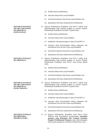 (a)    disahkan dalam perkhidmatan;

                        (b) mencapai tahap prestasi yang ditetapkan;

                        (c)    memenuhi kompetensi dan potensi yang ditetapkan; dan

                        (d) diperakukan oleh Ketua Jabatan/Ketua Perkhidmatan.

KENAIKAN PANGKAT    16. Pegawai Perkhidmatan Pendidikan Gred DG1-4 adalah layak
SECARA TIME-BASED       dipertimbangkan bagi kenaikan pangkat ke jawatan Pegawai
KE GRED DG1-5           Perkhidmatan Pendidikan Gred DG1-5 apabila telah:-
(GURU KANAN)
                        (a)    disahkan dalam perkhidmatan;

                        (b) mencapai tahap prestasi yang ditetapkan;

                        (c)    berkhidmat sekurang-kurangnya 6 tahun di Gred DG1-4;

                        (d) mencapai tahap kecemerlangan bidang pengajaran dan
                            pembelajaran serta lain-lain syarat yang ditetapkan;

                        (e)    memenuhi kompetensi dan potensi yang ditetapkan; dan

                        (f)    diperakukan oleh Ketua Jabatan/Ketua Perkhidmatan.

KENAIKAN PANGKAT    17. Pegawai Perkhidmatan Pendidikan Gred DG1-5 adalah layak
KE GRED DG1-6           dipertimbangkan bagi kenaikan pangkat ke jawatan Pegawai
                        Perkhidmatan Pendidikan Gred DG1-6 yang kosong apabila
                        telah:-

                        (a)    disahkan dalam perkhidmatan;

                        (b) mencapai tahap prestasi yang ditetapkan;

                        (c)    memenuhi kompetensi dan potensi yang ditetapkan; dan

                        (d) diperakukan oleh Ketua Jabatan/Ketua Perkhidmatan.

KENAIKAN PANGKAT    18. Pegawai Perkhidmatan Pendidikan Gred DG1-5 adalah layak
SECARA TIME-BASED       dipertimbangkan bagi kenaikan pangkat ke jawatan Pegawai
KE GRED DG1-6           Perkhidmatan Pendidikan Gred DG1-6 apabila telah:-
(GURU WIBAWA)
                        (a)    disahkan dalam perkhidmatan;

                        (b) mencapai tahap prestasi yang ditetapkan;

                        (c)    berkhidmat sekurang-kurangnya 3 tahun di Gred DG1-5;

                        (d) mencapai tahap kecemerlangan bidang pengajaran dan
                            pembelajaran serta lain-lain syarat yang ditetapkan;

                        (e)    memenuhi kompetensi dan potensi yang ditetapkan; dan

                        (f)    diperakukan oleh Ketua Jabatan/Ketua Perkhidmatan.

KENAIKAN PANGKAT    19. (a)    Pegawai Perkhidmatan Pendidikan Gred DG1-6 (Guru
KE GRED KHAS                   Wibawa) yang menunjukkan kecemerlangan terkemuka
(PENDETA GURU)                 mutunya yang ditetapkan oleh Lembaga Kenaikan
                               Pangkat Perkhidmatan Pelajaran layak dipertimbangkan
                               bagi kenaikan pangkat ke Gred Khas (Pendeta Guru); atau


                              5/6
 
