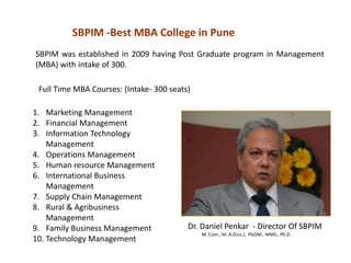SBPIM was established in 2009 having Post Graduate program in Management
(MBA) with intake of 300.
1. Marketing Management
2. Financial Management
3. Information Technology
Management
4. Operations Management
5. Human resource Management
6. International Business
Management
7. Supply Chain Management
8. Rural & Agribusiness
Management
9. Family Business Management
10. Technology Management
SBPIM -Best MBA College in Pune
Full Time MBA Courses: (Intake- 300 seats)
Dr. Daniel Penkar - Director Of SBPIM
M. Com., M. A.(Eco.), PGDM., MMS., Ph.D.
 