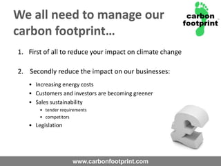 Powers for Implementation of new emission trading schemes.Regular reporting. UK LegislationThe Carbon Reduction Commitment Energy Efficiency SchemeWhat is it?A UK mandatory cap and trade schemeAiming to cut CO2 emissions by 1.2million tonnes of carbon per year by 2020Does it impact your organisation?Full participant - Organisations with half hourly meter (HHM) readings totalling >6000 MWh a yearRegister and report Meter readings if >3000MWh/year<3000MWh then still need to disclose that you have HHMsWhen?Qualification year was Jan-Dec 2008 electricity use only3 year introductory period starts in April 2010Registration period started in April and runs to Sept