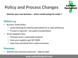 Start saving money on energy bills now!Effects of Climate Change on small businessesNowMay need to disclose that you have HHM on CRCTendering requirementsSupply chain managementProduct Lifecycle – or at least your part of itCompetitors differentiating themselvesComing soon... Future CRC scope to take into consideration smaller companiesMandatory reporting of emissions through the Companies Act (target April 2012)