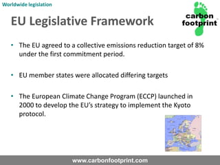 Agreed in 1992 at the Earth Summit in Rio de Janeiro.Worldwide legislationThe Kyoto ProtocolEstablished under the Convention in 1997Came into force on 16th February 2005.Sets legally binding targets for 	industrialised countries to reduce	their GHG emissions by the end of 	the First Commitment Period 	(2008-2012). 