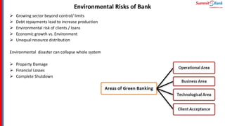 Environmental Risks of Bank
 Growing sector beyond control/ limits
 Debt repayments lead to increase production
 Environmental risk of clients / loans
 Economic growth vs. Environment
 Unequal resource distribution
Environmental disaster can collapse whole system
 Property Damage
 Financial Losses
 Complete Shutdown
 