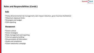 Roles and Responsibilities (Contd.)
BoDs
Policy (Environmental risk management, own impact reduction, green business facilitation)
Maximum exposure limits
Strategies and budget
CSR reporting
Management
Green culture
Green strategies
Data management and reporting
Internal capacity building
Dissemination of information
Audit and compliance
Green awareness campaign
 
