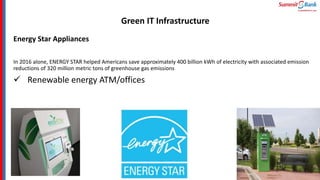 Green IT Infrastructure
Energy Star Appliances
In 2016 alone, ENERGY STAR helped Americans save approximately 400 billion kWh of electricity with associated emission
reductions of 320 million metric tons of greenhouse gas emissions
 Renewable energy ATM/offices
 