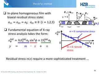 The sin2y-method 
XIII Brazilian MRS meeting, João Pessoa, Brazil, September 28 – October 02, 2014 
m < 0: compressive stress 
0 1 
 In-plane homogeneous film with 
biaxial residual stress state: 
 Fundamental equation of X-ray 
stress analysis takes the form: 
m > 0: tensile 
stress 
Residual stress s(z) require a more sophisticated treatment ... 
16 
 