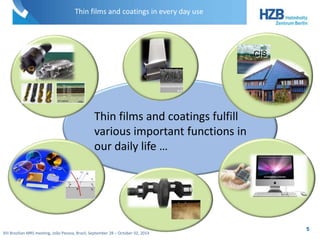 Thin films and coatings in every day use 
XIII Brazilian MRS meeting, João Pessoa, Brazil, September 28 – October 02, 2014 
CIS 
Thin films and coatings fulfill 
various important functions in 
our daily life … 
5 
 