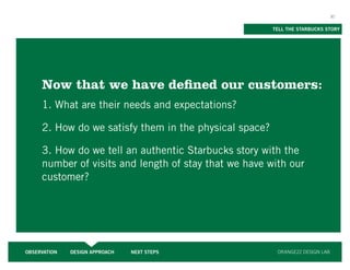 30


                                                        TELL THE STARBUCKS STORY




     Now that we have defined our customers:
     1. What are their needs and expectations?

     2. How do we satisfy them in the physical space?

     3. How do we tell an authentic Starbucks story with the
     number of visits and length of stay that we have with our
     customer?




OBSERVATION   DESIGN APPROACH   NEXT STEPS               ORANGE22 DESIGN LAB
 