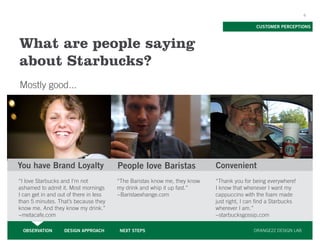 6


                                                                                            CUSTOMER PERCEPTIONS



What are people saying
about Starbucks?
Mostly good...




You have Brand Loyalty                  People love Baristas               Convenient
“I love Starbucks and I’m not           “The Baristas know me, they know   “Thank you for being everywhere!
ashamed to admit it. Most mornings      my drink and whip it up fast.”     I know that whenever I want my
I can get in and out of there in less   ~Baristaexhange.com                cappuccino with the foam made
than 5 minutes. That’s because they                                        just right, I can find a Starbucks
know me. And they know my drink.”                                          wherever I am.”
~metacafe.com                                                              ~starbucksgossip.com

 OBSERVATION       DESIGN APPROACH       NEXT STEPS                                        ORANGE22 DESIGN LAB
 