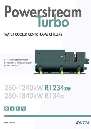 WATER COOLED CENTRIFUGAL CHILLERS
Powerstream
Turbo
http://WWW.KALTRA.DE
280-1240kW R1234ze
280-1840kW R134a
OIL-FREE TURBOCOR COMPRESSORS
R134a/R1234ze REFRIGERANT SELECTION
CLASS A EER UP TO 5.45
FREECOOLINGR134A/R1234zeTURBOCOR WATER COOLED
 