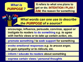 What is  PURPOSE  ? encourage, influence, persuade, convince, appeal or instigate its readers  to do something  e.g. to agree with her/his views or to take up certain action, etc. -  promote something  / to  seek support  for something -  evoke emotional responses   e.g. to arouse anger,  to gain sympathy or to ridicule, etc.   -  inform / educate its readers  about something -  express certain views / personal thoughts It refers to what one plans to get or do;  INTENTION / PLAN / AIM ; the reason for something What words can one use to describe the   PURPOSE   of a source? 