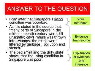 ANSWER TO THE QUESTION I can infer that Singapore’s  living condition was poor/bad. As it is stated in the source that, “ many parts of Singapore in the mid-nineteenth century were still unsightly; city’s refuse was thrown into swamps, the roads were littered by garbage ; pollution and stench.” The bad smell and the dirty state shows that the living condition in Singapore was poor. Your Inference Evidence from source Explanation of evidence and inference 