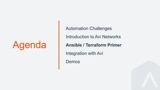 Agenda
Automation Challenges
Introduction to Avi Networks
Ansible / Terraform Primer
Integration with Avi
Demos
 