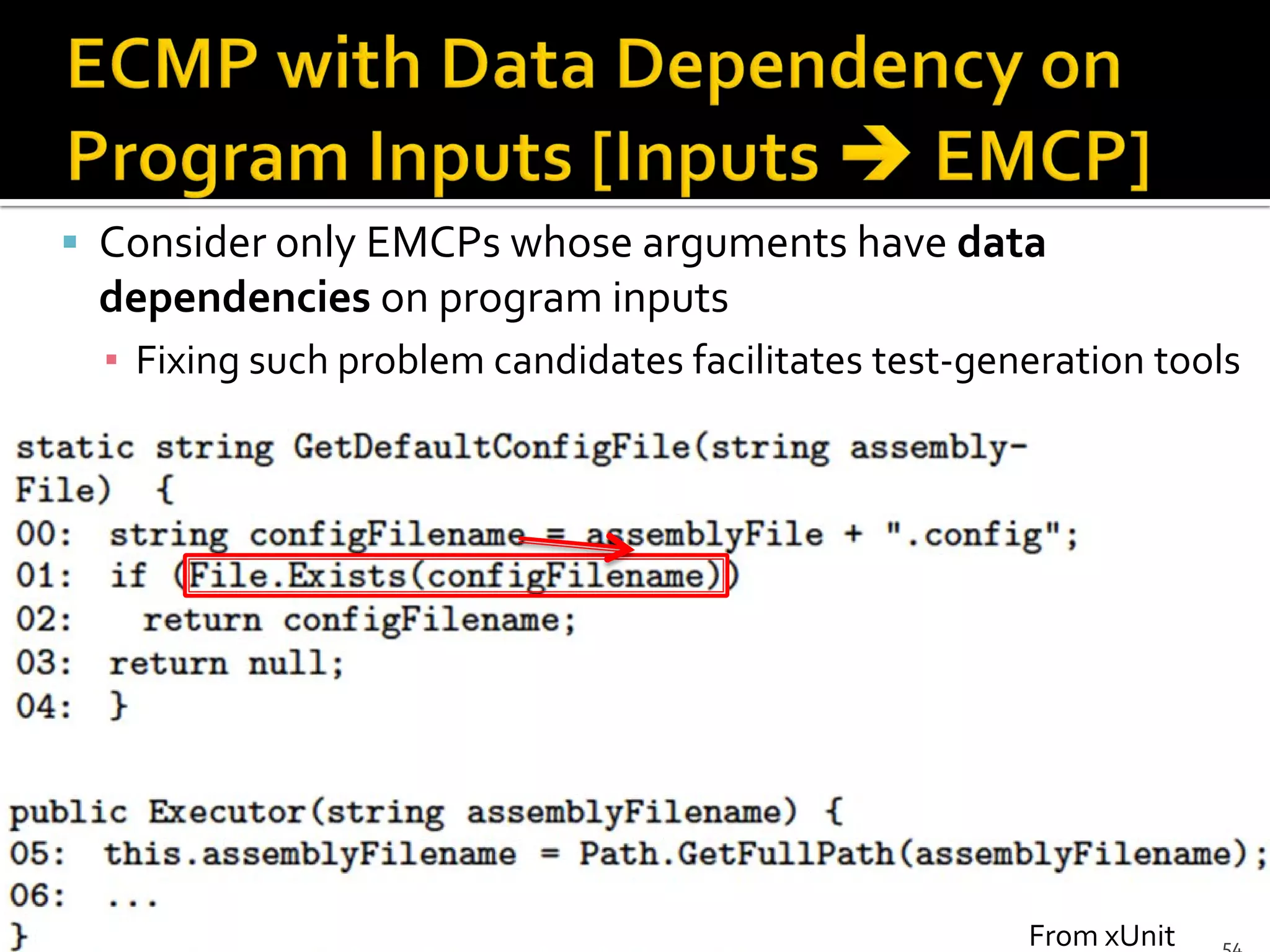  Consider only EMCPs whose arguments have data
dependencies on program inputs
▪ Fixing such problem candidates facilitates test-generation tools
From xUnit
 