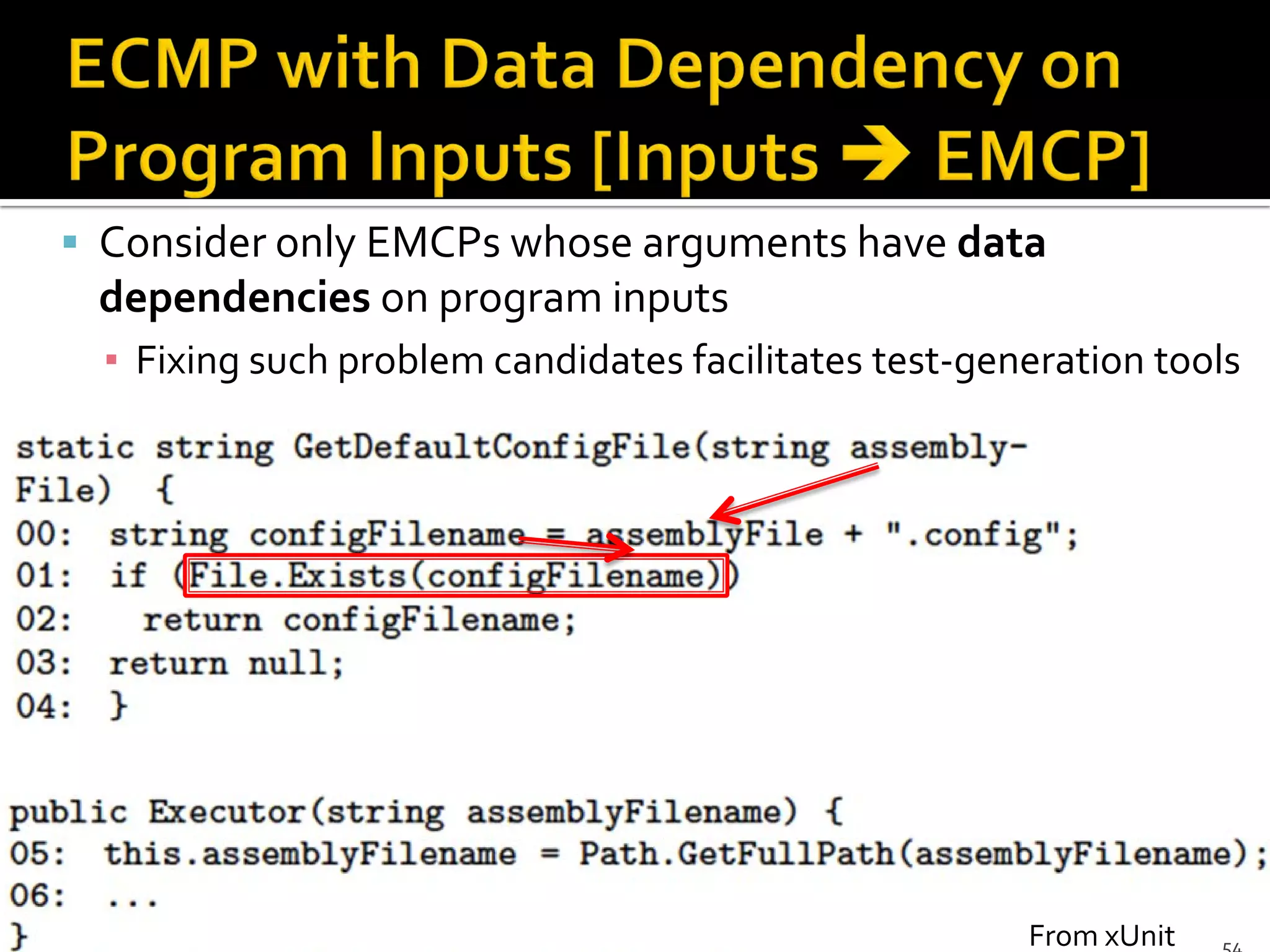  Consider only EMCPs whose arguments have data
dependencies on program inputs
▪ Fixing such problem candidates facilitates test-generation tools
From xUnit
 