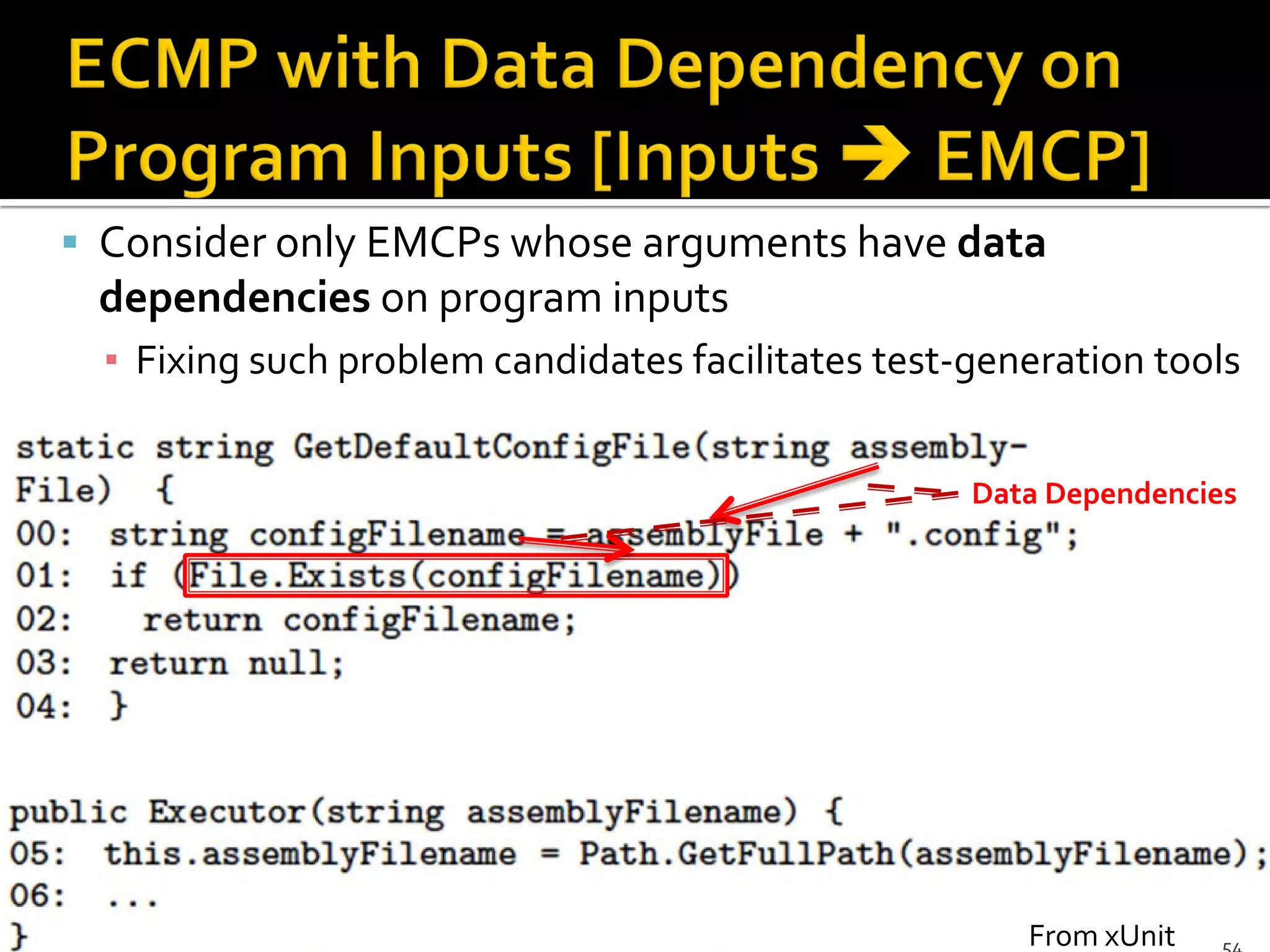 Data Dependencies
 Consider only EMCPs whose arguments have data
dependencies on program inputs
▪ Fixing such problem candidates facilitates test-generation tools
From xUnit
 