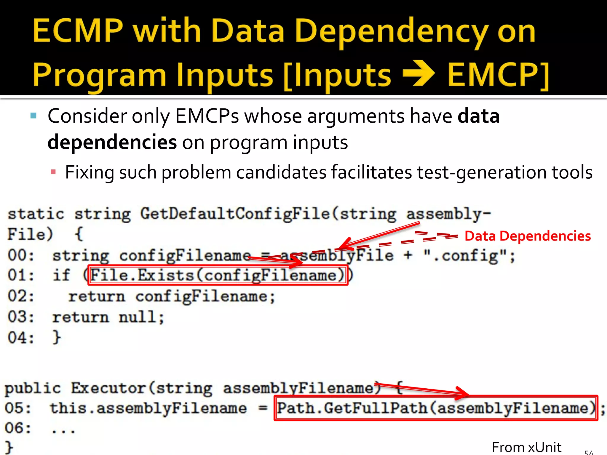 Data Dependencies
 Consider only EMCPs whose arguments have data
dependencies on program inputs
▪ Fixing such problem candidates facilitates test-generation tools
From xUnit
 