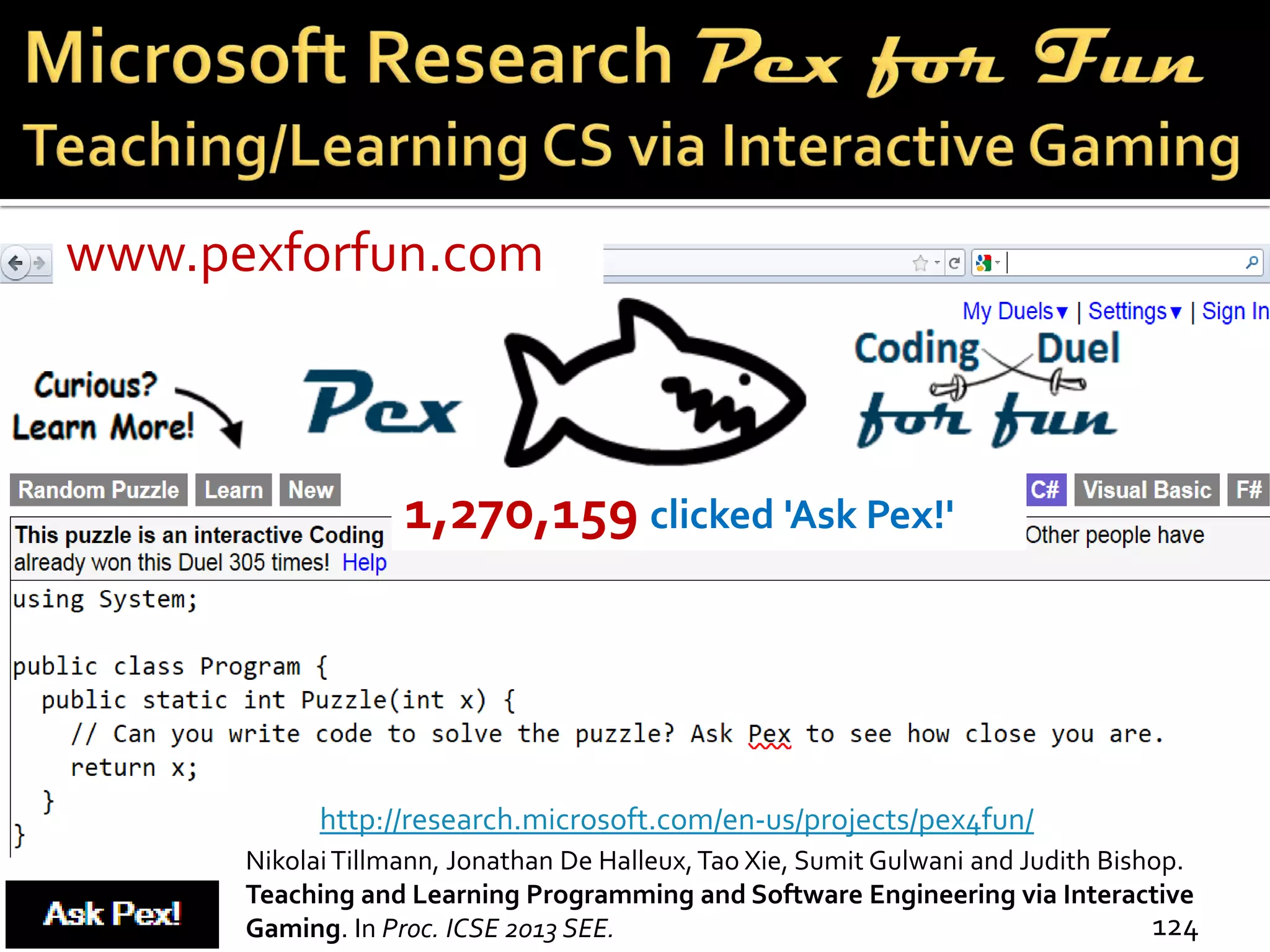 1,270,159 clicked 'Ask Pex!'
www.pexforfun.com
124
NikolaiTillmann, Jonathan De Halleux,Tao Xie, Sumit Gulwani and Judith Bishop.
Teaching and Learning Programming and Software Engineering via Interactive
Gaming. In Proc. ICSE 2013 SEE.
http://research.microsoft.com/en-us/projects/pex4fun/
 